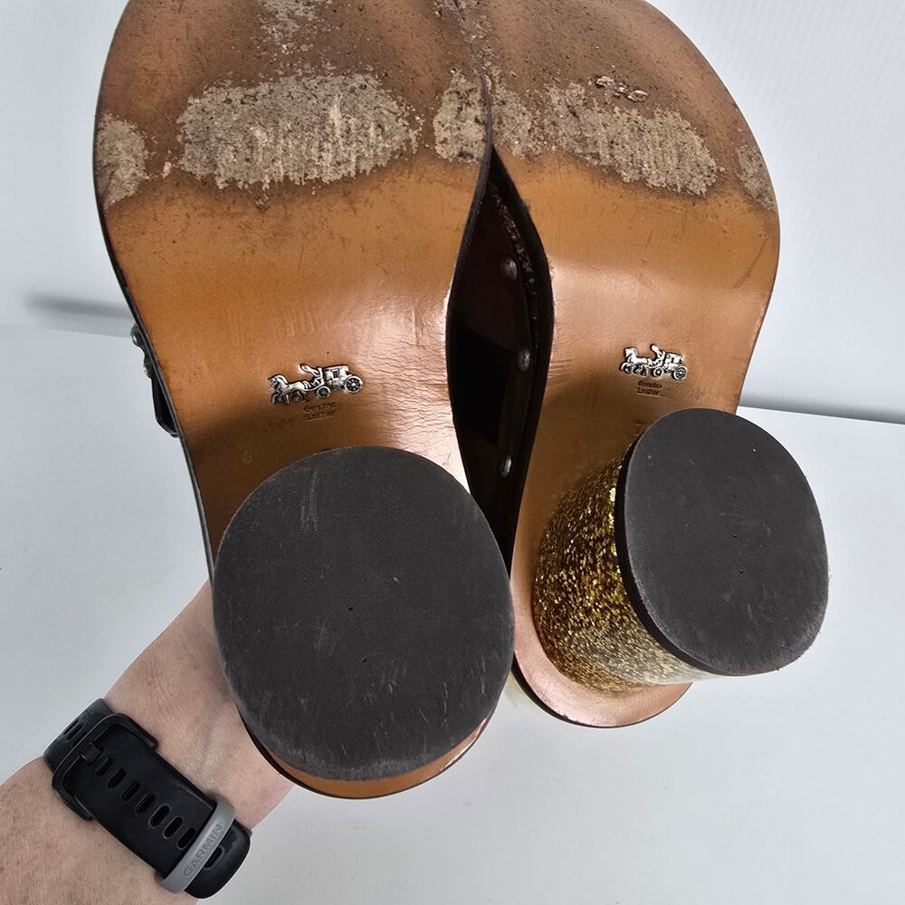 Coach Clog Slide Glitter Heel Brown Leather Shearling Insole Swarovski Crystal 7 - Picture 11 of 13